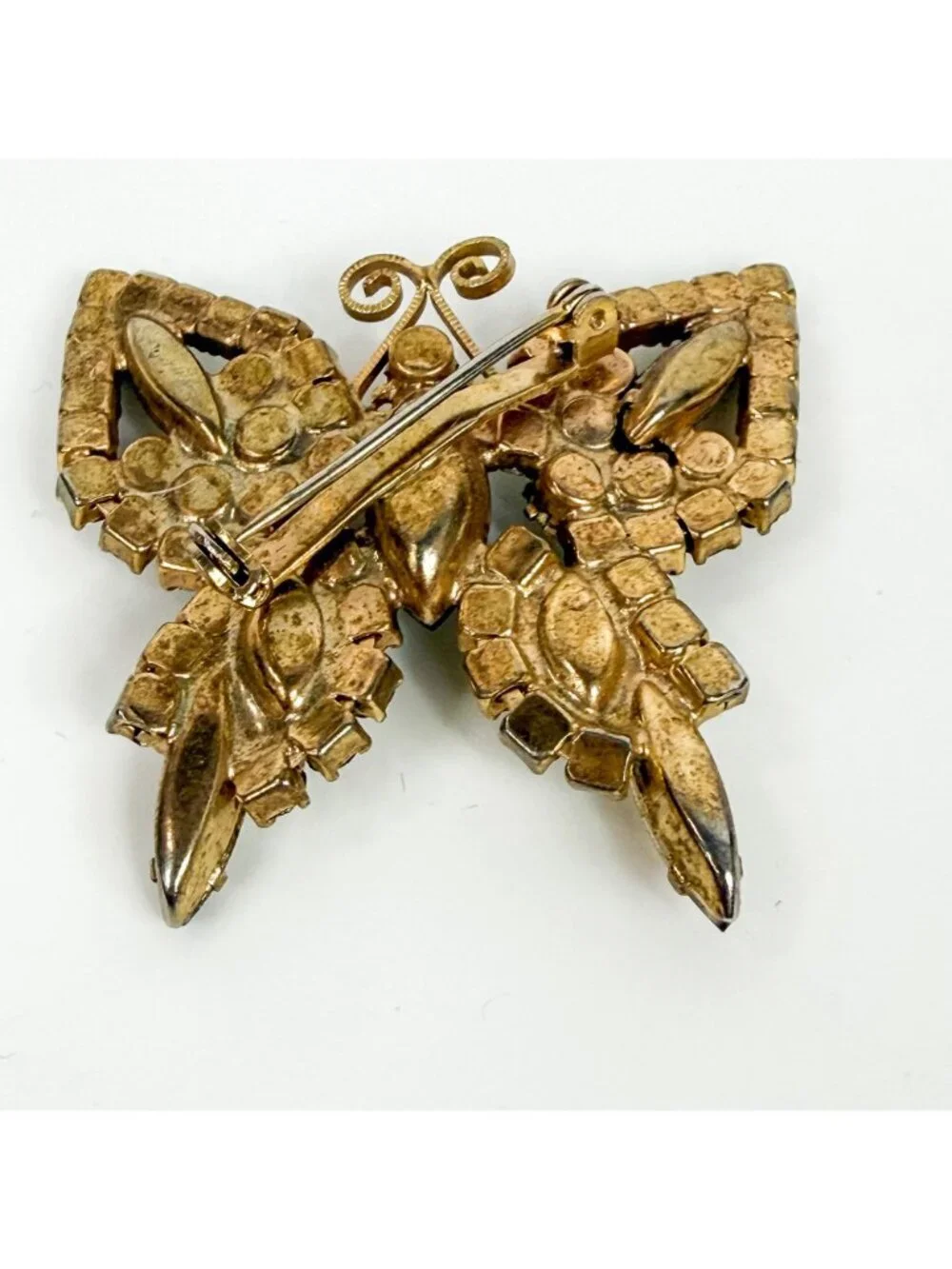 Vintage AB Amber Prong Set Rhinestones Navette Gold Tone Butterfly Brooch Pin